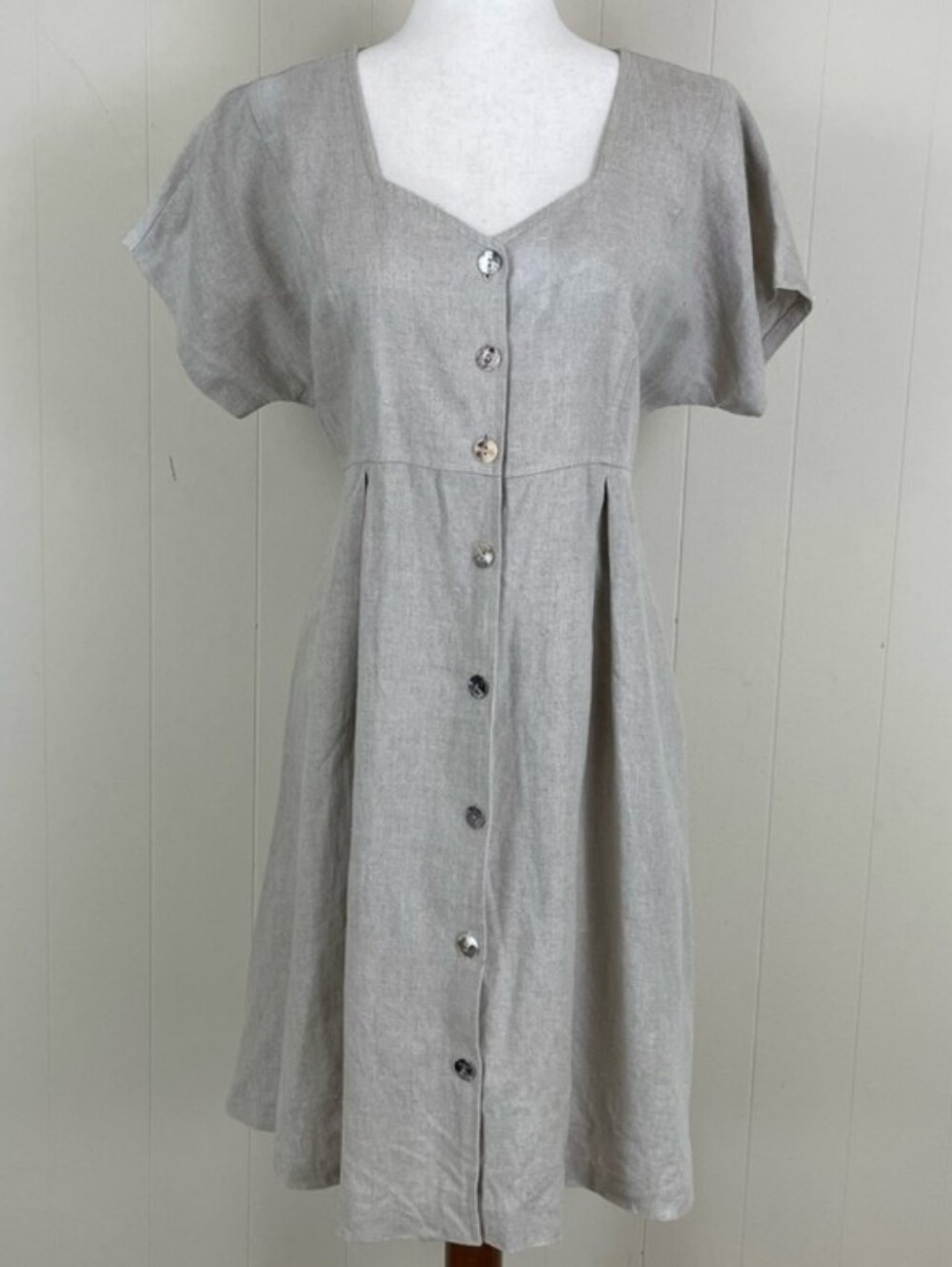 Vintage Garnet Hill 100% Linen Dress Pockets Button Lightweight Short Sleeve